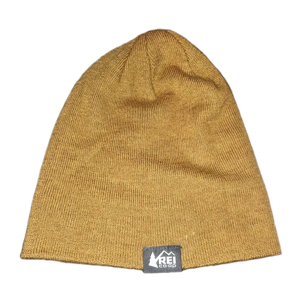REI CO-OP O/S Wool Blend Mustard Yellow Outdoor All Seasons Knit Logo Beanie
